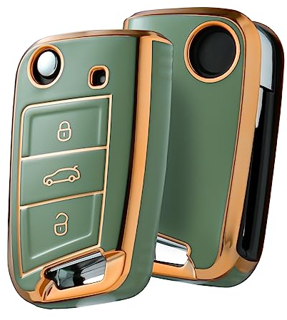 OATSBASF Autoschlüssel Hülle Geeignet VW, VW Golf 7 Schlüsselhülle, Schlüsselbox Cover für VW Polo, Skoda, Tiguan, MK7 3-Tasten (Goldener Rand-Grün)