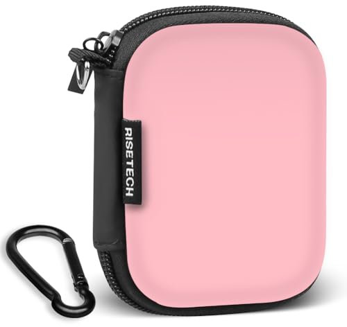 Earbud Case Holder, RISETECH Hard EVA Earphone Travel Case Headphone Small Zipper Pouch Compatible with Flash Drive, SD Cards, USB Charger Cable, AirPods, Sony Wired Earbuds with Keychain -Pink