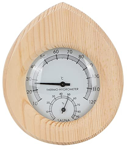 Thermo Hygrometer Sauna, Sauna Thermometer Hygrometer Holz, 16.5x14cm, Tropfenförmiges 2-in-1 Thermo-Hygrometer, Temperaturbereich 10°C - 120°C, Luftfeuchtigkeitsbereich 0%-100%, für Sauna,Dampfbäder