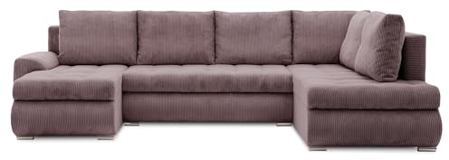 Mebligo - Ecksofa mit Schlaffunktion und Bettkasten Tokio II PRO, 300 cm Breit, Wohnzimmer Eckcouch Ottomane Rechts, Sofa Cord mit Bettfunktion - Sofa Rosa (Poso 027)