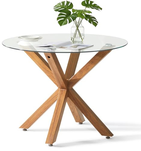 TUKAILAi Round Tempered Glass Dining Table for 4, 100cm Tempered Glass Top with Wood-Grain Metal Legs, Compact Kitchen Table for Small Space, Home Dining Room, Apartment