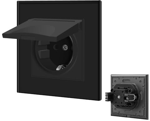 BSEED Prise Murale avec Couvercle Étanche,Prises electriques Standard avec borne enfichable,16A Prise de Courant Alternatif avec Panneau en Verre,Prise Encastrable pour Bureau à Domicile-1 Prise,Noir