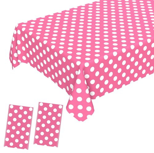 JCTHKUKU 2 Pcs Minnie Mouse Table Cloth, Disposable Plastic Pink Polka Dot Tablecloth Pink & White Table Cover for Outdoor Picnic, Birthday, Gender Reveal, Baby & Bridal Shower Party Decor 54 x 108 In
