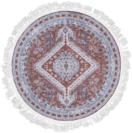 Mazovia Teppich Rund Orientalisch Vintage - Waschbar rutschfest - Weich Traditioneller Teppich für Wohnzimmer Orientteppich - Fußbodenheizung geeignet - Rot Burgunderrot 160 x 160 cm