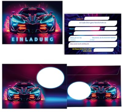 Minkocards 12 Einladungskarten Kindergeburtstag Junge Auto Rennauto incl. 12 Umschläge Einladungen Jungsgeburtstag Rennwagen