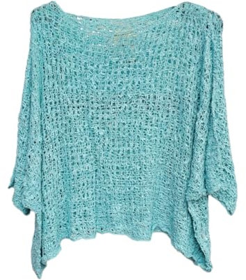 Alam Exclusive Women's Popcorn Top Crochet Oversized Knit Ladies Plain Batwing Boho Cover Up Summer Fish Net (UK, Numeric, 8, 18, Regular, Regular, Turquoise)