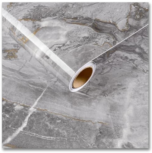 CRE8TIVE Glossy Grey Gold Wallpaper Marble Contact Paper Self Adhesive Kitchen Worktop Covering Marble Vinyl Wrap for Furniture Peel and Stick Wallpaper for Cupboard Bathroom 30cm x 200cm
