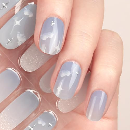 DANNI & TONI Halb ausgehärtete Gel Nagelfolien (Midsummer Sky) Blau Wolke Stern Glänzend Nagelset uv Gel Nagelfolie Nageldesign Nagelfolie Selbstklebend Wraps 28 Aufkleber