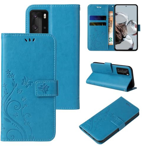 LBH Handy Hülle für Huawei P40 Pro Case Handytasche Schmetterling Blumen Flower Standfunktion Schutzhülle Magnet Rundum Schutz 360 Grad Flipcase Cover Blau