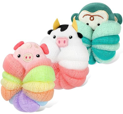 PHOGARY Lot de 3 Fleur de Douche Lavable pour Enfants, Fleur de Bain Adorables pour le Corps, Pouf de Douche en Forme d'Animal Éponges Luffa, Gommage pour le Corps Éponge en Maille pour Enfants-B