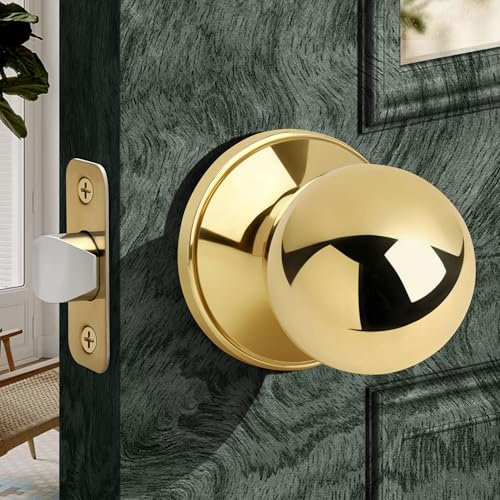 Moquin Gold Passage Door Knob Without Lock or Key, Non-Locking Interior Round Ball Door Knob for Hallway or Closet, Polished Brass