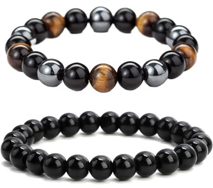 Rumgug 2 Stück Schwarzer Turmalin Armband, 8 MM Edelstein Armband Naturstein Armband Großes Dehnbares Armband Kugeln auf Elastischem Nylonfaden Aufgezogen Handgefertigt (Set D)