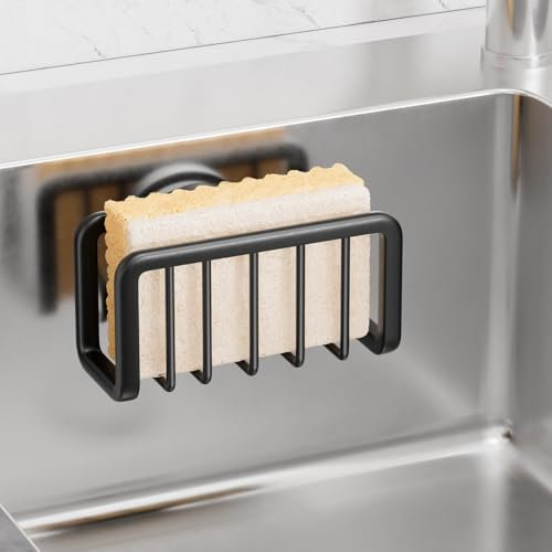 TAILI Porte-éponge pour évier de Cuisine avec Forte Ventouse, Support en Aluminium Inoxydable pour éponges, Amovible panier d'évier de Cuisine, Brosse à Vaisselle - Noir