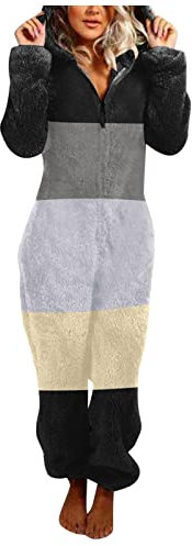 DUHENWU Tuta da donna in pile Teddy intero pigiama in peluche caldo e morbido pigiama in tinta unita con zip, R nero., 5XL