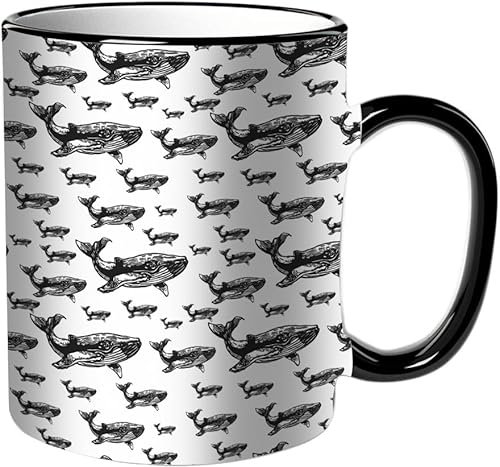 KDWJS Mug porcelaine fine Mug Tasses de 11 oz 330ml pour collègue,amis,frères et soeurs imprimer Tasse de café exquis CadeauBaleine noire et blanche. Style de gravure réaliste d'animaux baleines sur