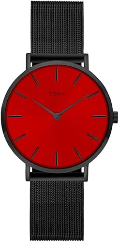 TORII Damenuhr Rot Edelstahl - rund Quarz B34BS.TB Milanaise-Armband Strichindizes wasserdicht 50 m