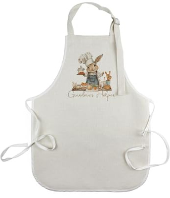 Purely Home Bunny Rabbit Childrens Apron - Grandmas Helper Cooking & Baking Kids Kitchen Gifts - Small Linen Apron with Adjustable Neck & Waist Ties