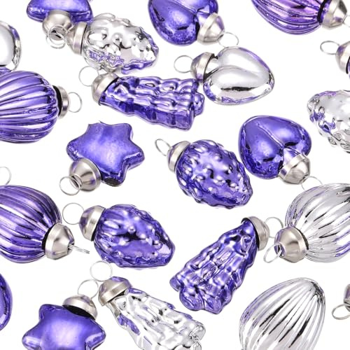 QUARKZMAN 100 Stück Weihnachtskugeln Glas, 3cm Kiefer Herz fünfzackiger Stern Ellipsoid Erdbeere Silber Lila Weihnachtsdeko für Weihnachtsbaum, Halloween, Weihnachten, Event und Hochzeit