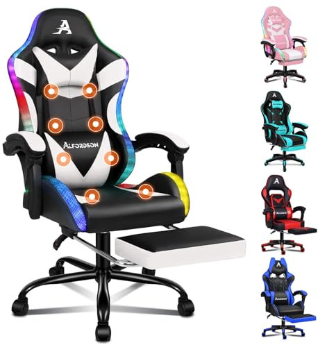 ALFORDSON Sedia da gioco da massaggio con LED, inclinazione di 150°, Sedia ergonomica con poggiapiedi, regolabile in altezza, capacità di carico 180 kg, Ecopelle, Bianco