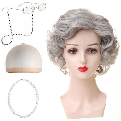 5 Stücke Oma Perücke Kostüm, Oma Kostüm Alte Frau, Alte Dame Perücke Kostüm Set, Kurz Gelockt Alte Frauen, Oma Großmutter Perücke Kostüm Set für Cosplay Karneval Halloween