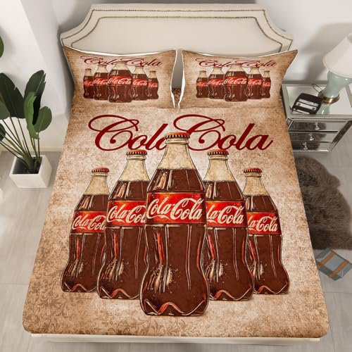 Feelyou Cola-Bettwäsche-Set für Kinder, Queen-Size-Größe, Vintage-Spannbettlaken, Getränke, Bettlaken-Set, Jungen, Mädchen, Sommer, Urlaub, Teenager, Schlafzimmer, Dekoration, leichtes Bettwäsche-Set