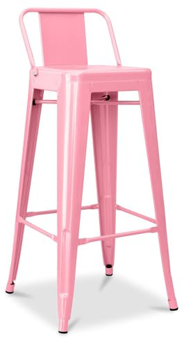 Iconik Interior Tolix Style Tabouret de Bar avec Dossier - Design Industriel - 76cm - Nouvelle édition - Stylix Rose
