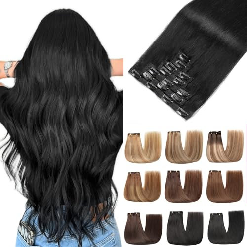EINbeauty Clip In Extensions Echthaar 7Stücke Extensions Echthaar Gerade Unsichtbar Echthaar Extensions Tief Schwarz Extensions Clip In Haarverlängerung 80g 35cm(14Zoll，1#）