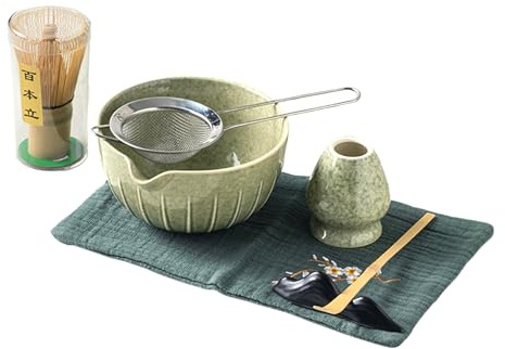 Lrocotanc Kit Completo de Matcha – Set de 7 Piezas con Batidor de Bambú, Cuenco de Cerámica, Colador, Cucharilla y Soportes, Apto para Lavavajillas, Ideal para Principiantes y Regalo