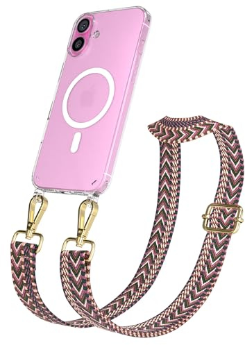 EAZY CASE Handykette - Verstellbares Taschenband kompatibel mit iPhone 16 Plus, Schulterriemen, Handykordel mit Silikon Hülle, Qi Charging kompatibel, Umhängetasche, Beere Pink Gold