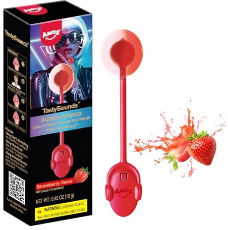 Amos Music Lollipop Candy, Strawberry Flavor Audio Musical Lollipop, Individually Wrapped Natural Perfect Party Favor Gift