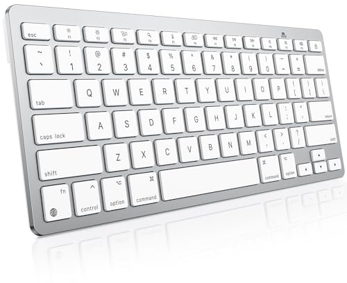 OMOTON Clavier sans fil pour Mac/MacBook Pro/Air, 14 raccourcis multimédias, design fin et portable, clavier Bluetooth stable, blanc argenté