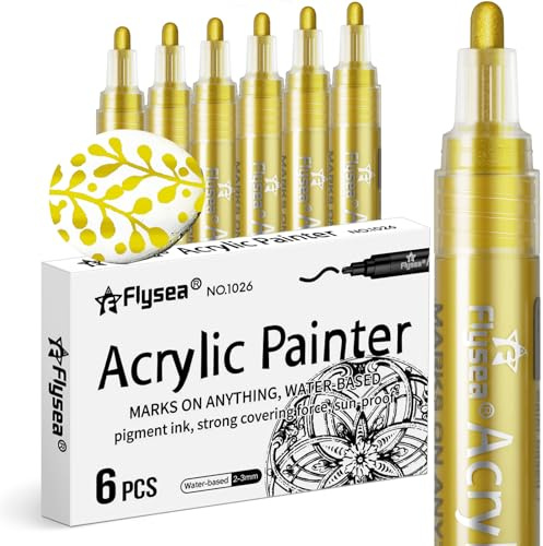 Alitastro Gold Acrylic Paint Pens 6 Pcs Permanent Marker Pens Medium Tip | Waterproof, Quick Dry, Non-fading, 3mm Water-based Acrylic Pens for Rock Painting Glass Stone Ceramic Metal Fabric Pebble