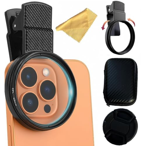 Objectif Smartphone Polariseur 52mm, Filtre CPL Polarized Clip pour iPhone Samsung Android, Filtre Polarisant Circulaire pour Photo Mobile(1Pcs Set)