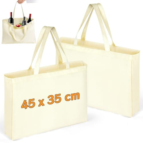 Adiwo 2 Stück Baumwolltasche Unbedruckt, 45 x 35 cm Jutebeutel Unbedruckt Groß, Nachhaltige Einkaufstasche, Waschbar Jutebeutel Stoffbeutel Einkaufsbeutel zum Bemalen, Geschenk für Mama Freunde