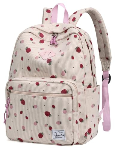 VASCHY Cord Rucksack Damen, Schulrucksack Teenager Cute Backpack für Jugendliche Mädchen Schule Uni Reisen, Erdbeere
