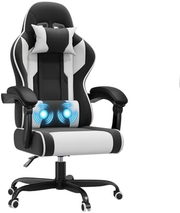 JUMMICO Gaming Stuhl mit Massagefunktion, Bürostuhl Ergonomisch 150kg, Gamer Stuhl mit 50 cm Extrabreites Sitzkissen, Weiß Schwarz