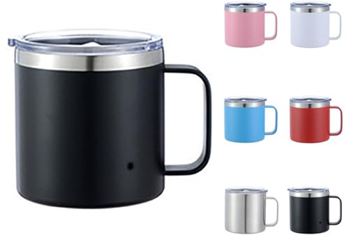 Thermobecher mit Henkel, 350ml Isolierbecher mit Griff und Deckel, Thermo Kaffeebecher to go, Doppelwandiger Edelstahltasse, Vakuumisolierung, Spülmaschinenfest (12oz Black)
