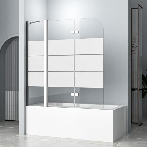 Duschwand für Badewanne 1500x1400mm 3-teilig Faltbar Gestreift Duschtrennwand, 6mm ESG Glas Duschtrennwand mit Festglas Duschwand Badewannenaufsatz