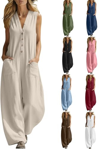 Jumpsuit Damen Elegant Sommer Overall Baumwolle Leinen Hosenanzug V-Ausschnitt Ärmellos Jumpsuits Weites Bein Playsuit Leinenhose Lang Romper mit Taschen Einteiler für Festlich Hochzeit und Alltags
