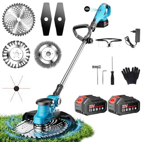 Decespugliatore a Batteria con Ruote Laterali, Tagliabordi a Batteria da 1000W con Schermo LCD, Decespugliatore Elettrico con 2 Batterie da 4000 mAh, 4 Tipi di Lame, per Taglio di Giardini (blu)