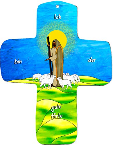 metALUm Kleines Holzkreuz zum Aufhängen umweltfreundlichem Holzverbundstoff MDF, Motiv: Hirte mit Herde, Ich bin der gute Hirte, Geschenk zur Kommunion, Konfirmation oderTaufe, für Jungen und Mädchen