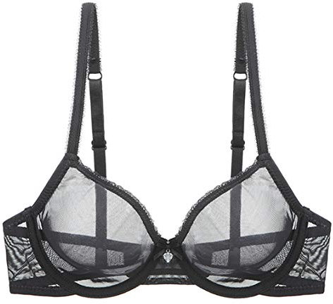 Sexy Sheer See Through Bras Unlined Underwire Lace Mesh Non Padded Ultra Thin Clear Bralette Black, 44C