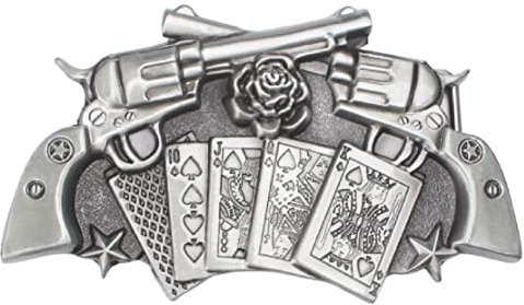 Longcreek Pistol Belt Buckle for Men, Gun Buckle, Playing Cards Double Guns Poker Flower Rose Star Western Cowboy Punk Rock Gifts
