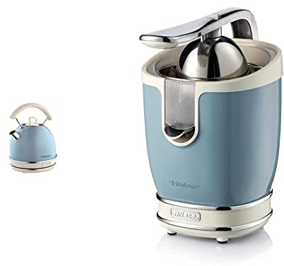 Ariete 2877 Bollitore elettrico Vintage, 2000 watt, 1,7 litri, in acciaio inox verniciato in colore Celeste pastello & 413, Spremiagrumi Vintage, Spremiagrumi Elettrico con Leva Professionale, Celeste