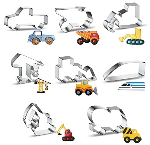 JIUAI Construction Cookie Cutter, 8 PCS Stainless Steel Biscuit Cutters, DIY Construction Cookie Cutters Set with Truck Digger Bulldozer Electric Rail Car Excavator for DIY Baking, Party, Kids