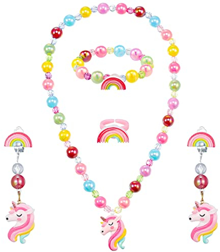 SOSPIRO Kinder Schmuck Set, 5 Stück Mädchen Perlenkette Set Einhorn Halskette Kinder Perlenarmband Regenbogen Ohrringe Ring, Prinzessin Schmuck Set Geschenk Für Kinder Mädchen Party Mitgebsel (Rosa)