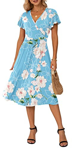 GRECERELLE - Robe d'été pour femme - Robe d'été décontractée à manches courtes et col en V - Robe bohème à volants pour la plage pour femmes, XL