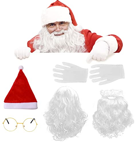 Bseical 6 Stück Weihnachtsmann Bart Und Perücke,Weihnachtshandschuhe,Weihnachtsmann Perücke,Weihnachtsbrille,Weihnachtsmannmütze,Weihnachtsmann Kostüm Zubehör,Weihnachtsbrille,Verkleiden Als Nikolaus