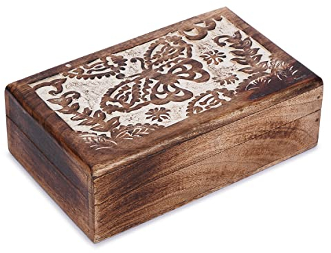 Ajuny Handgefertigte Holz Schatztruhe 8 x 5 Zoll – Schmuckkästchen mit Schmetterlingsmuster Weiß Braun – Aufbewahrungsbox für Schmuck Uhren Erinnerungen – Geschenk für Frauen Männer