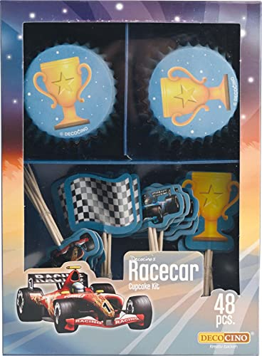 DECOCINO Muffin-Set Racecar 48-tlg. - 24 Cupcake-Förmchen mit Ø 5 cm & 24 Muffin-Topper aus Papier, ideale Deko für Kindergeburtstage & Motto-Partys